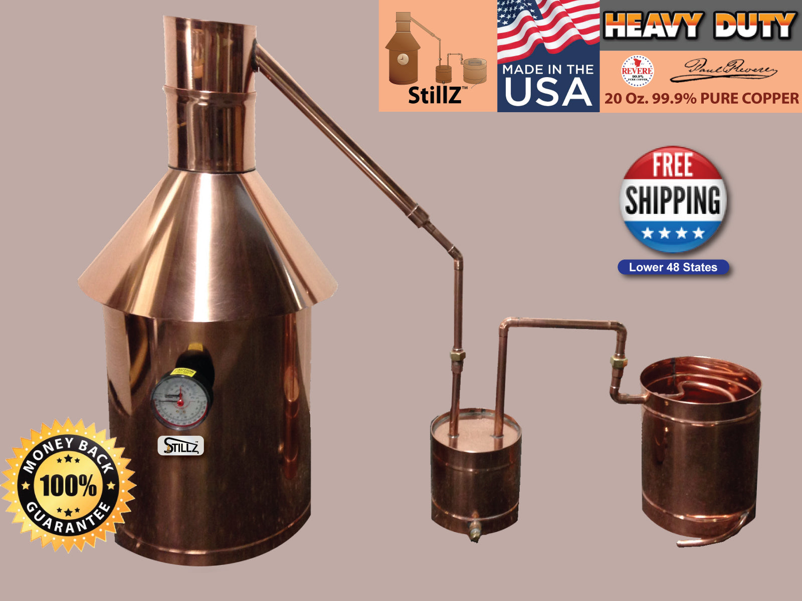 10 Gallon Heavy-Duty Copper Still with Thumper and Worm